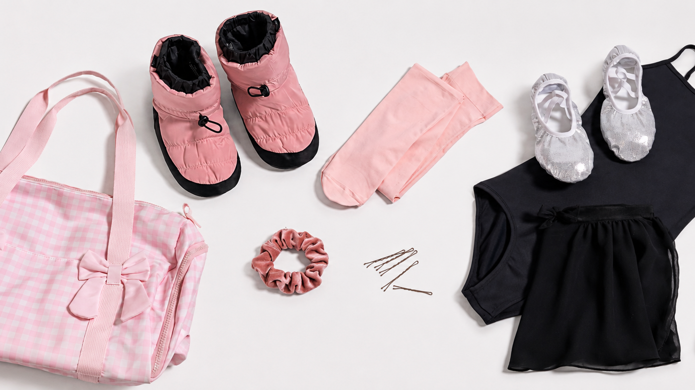 Pink Stelle dance bag flat lay with ballet shoes, black leotard, dance skirt, tights, warm-up booties, scrunchie, hair pins, and water bottle.
