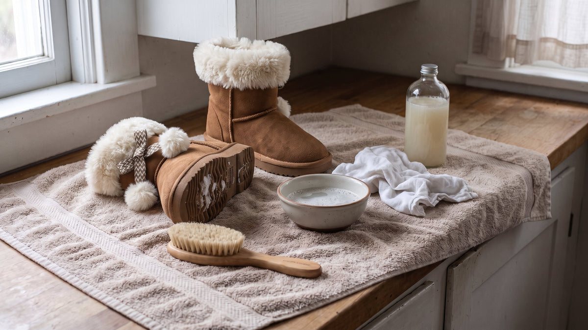 Soft brush, mild soap and cloth laid out to clean faux fur kids snow boots step by step