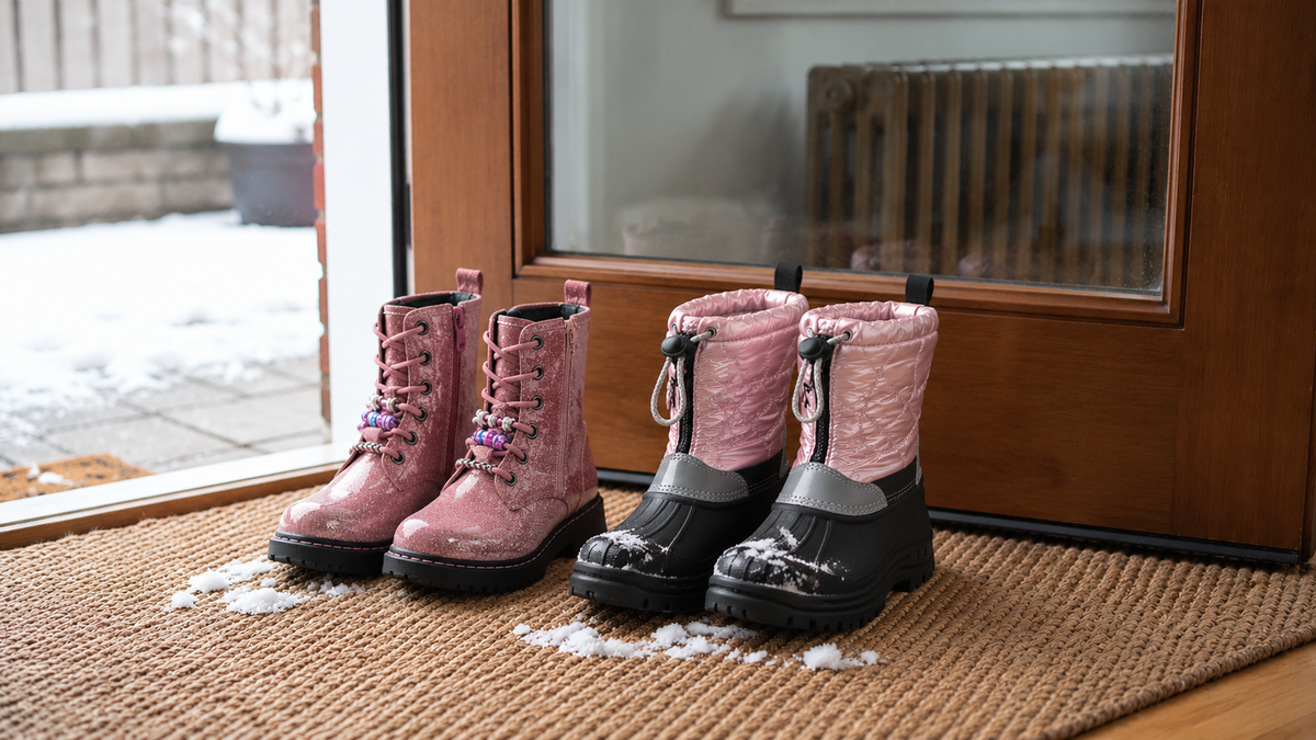 Two pairs of pink kids’ winter boots—glitter lace-up boots and quilted waterproof snow boots—on a woven doormat beside a wooden door, with snow outside.