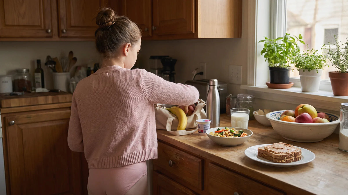 Young dancer packing a water bottle and plenty of simple balanced food in the kitchen for a full day of ballet fueling