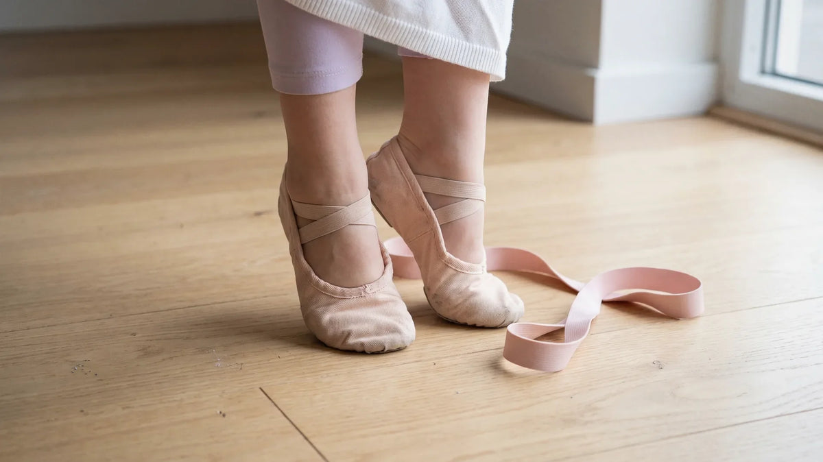 Young dancer's ballerina feet in soft pink ballet shoes on a light wood studio floor beside a resistance band