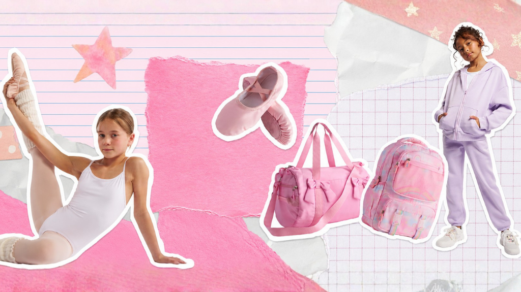 Pastel scrapbook-style collage featuring girls’ back-to-school and dance essentials, including a young dancer, a child in a lavender tracksuit, pink ballet shoes, a duffle bag, and a backpack.