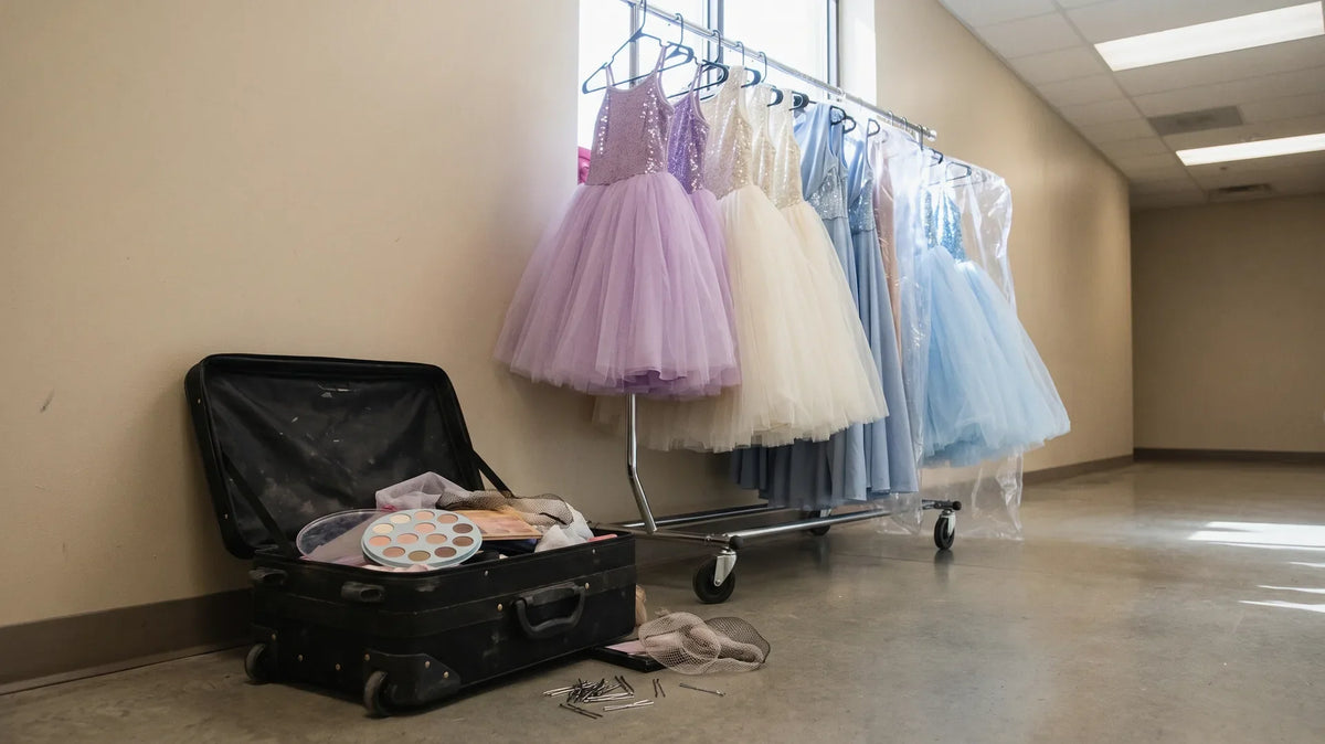 Girls' dance competition costumes hanging on a rolling rack backstage next to an open makeup case, showing the costs of competitive dance