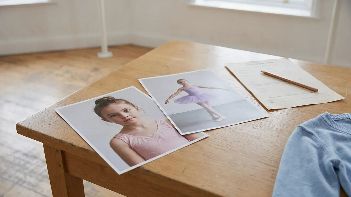 Two printed photos on a table comparing a dance headshot and a full body dance shot