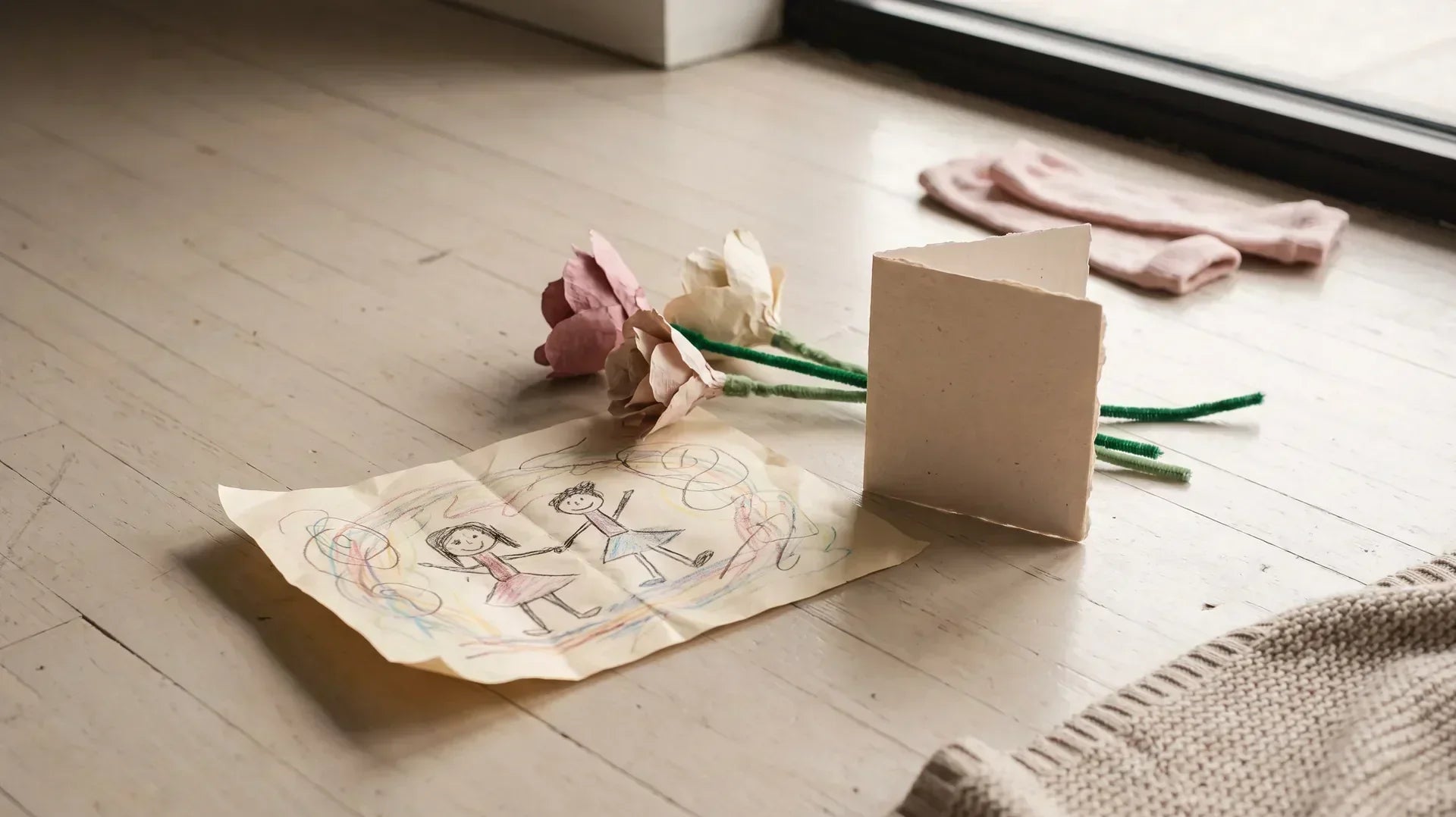 Kid-made dance teacher gifts: drawing, paper flowers and a handmade card