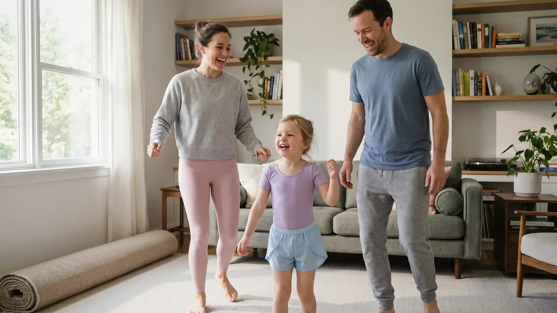 Family doing a dance workout for kids together in the living room