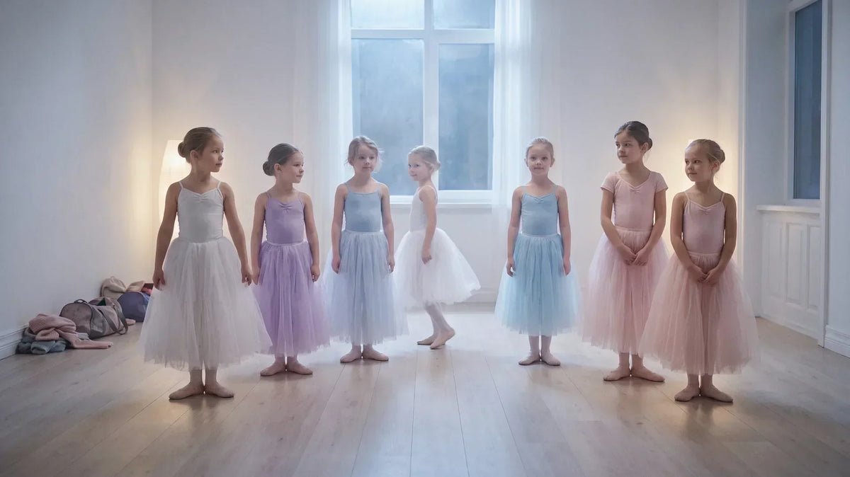 Ballerinas in long white tutus on a misty stage during the white act of the Giselle ballet