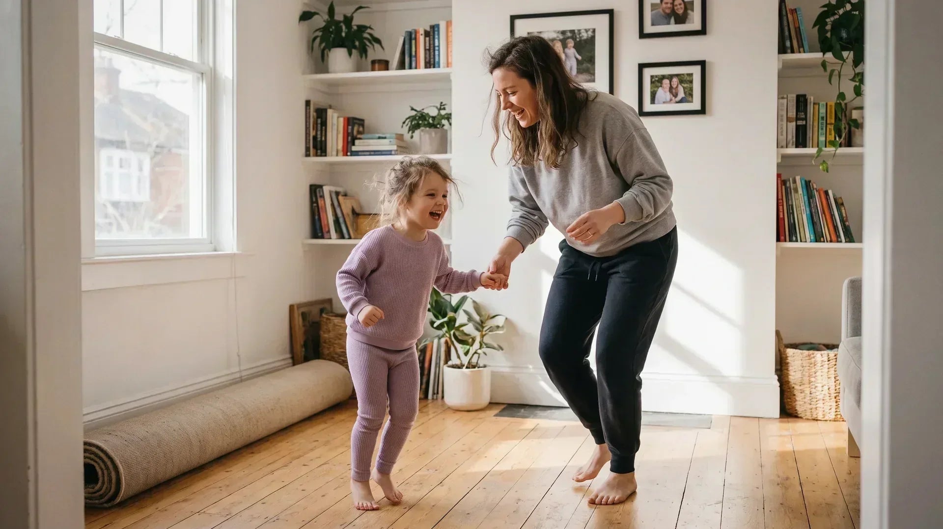 Parent and child learning how to dance together at home