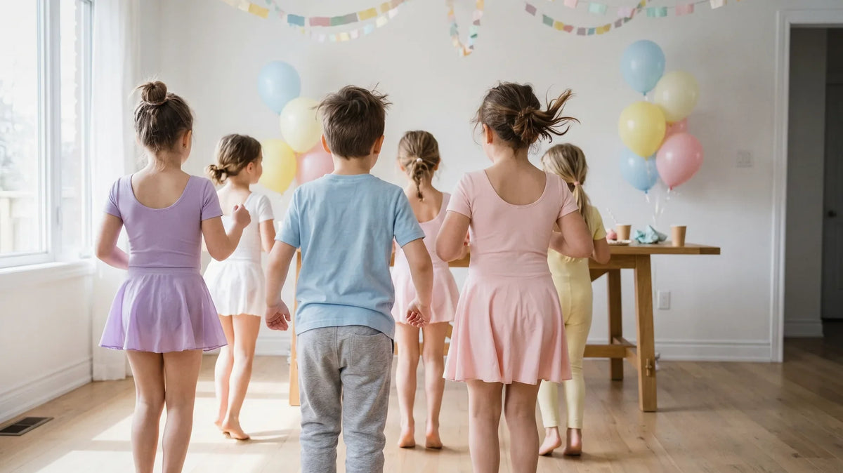Kids dancing together at a living room party, seen from behind under paper garlands
