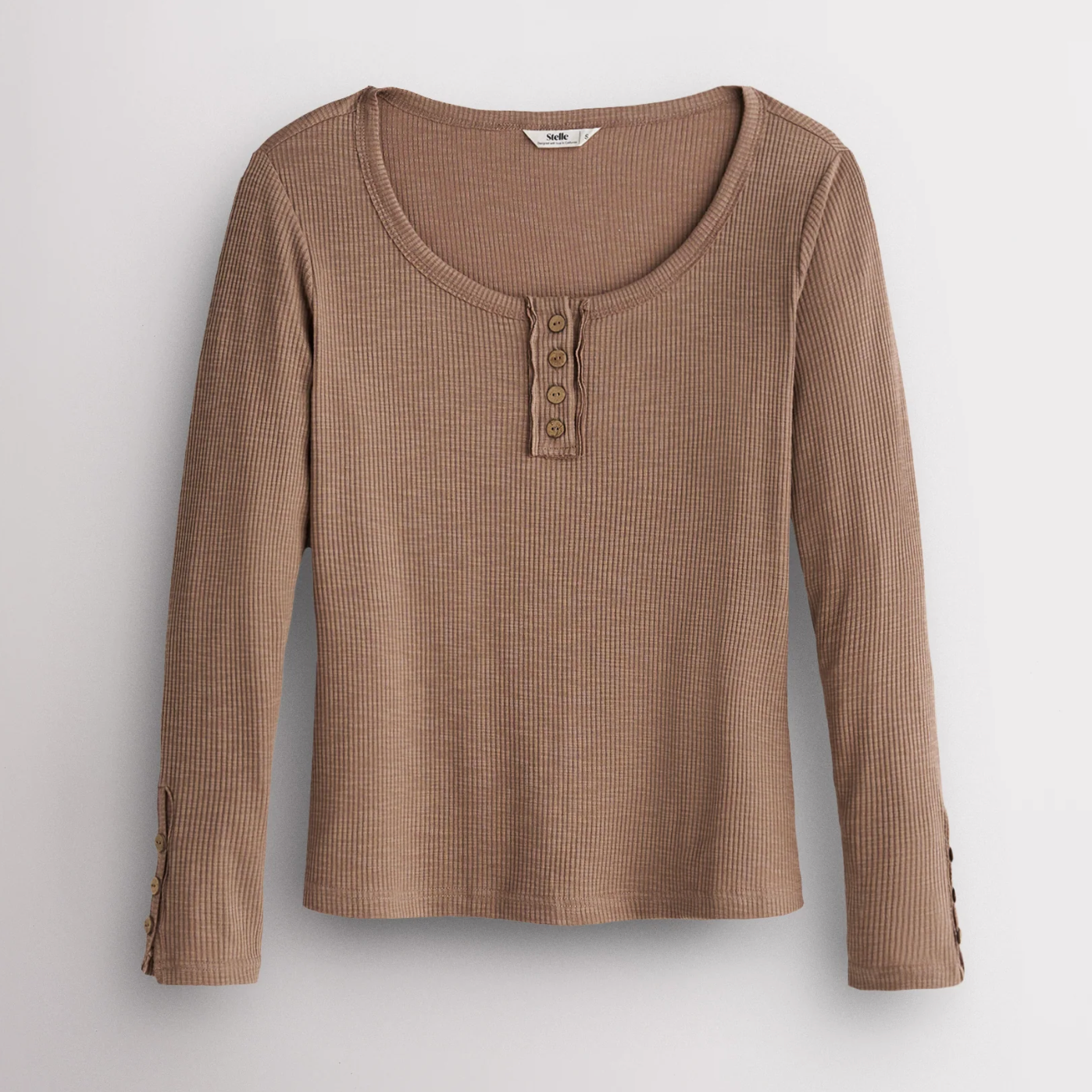 Women’s Ribbed Long Sleeve Henley V-Neck Top in Latte