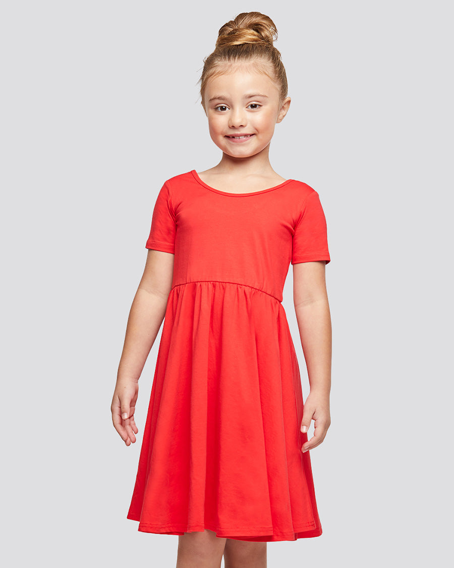 Girls Short Sleeve A-Line Twirly Dress in Red