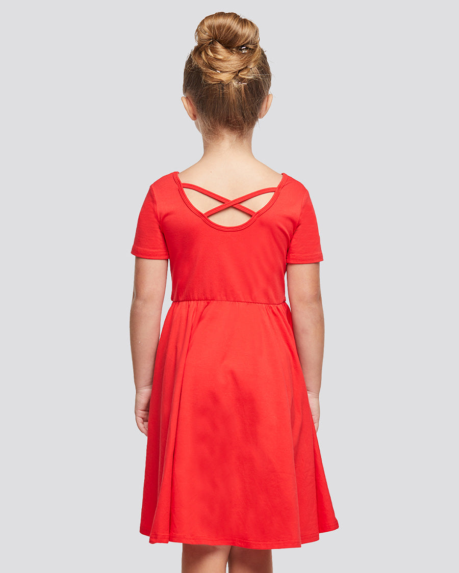 Girls Short Sleeve A-Line Twirly Dress in Red