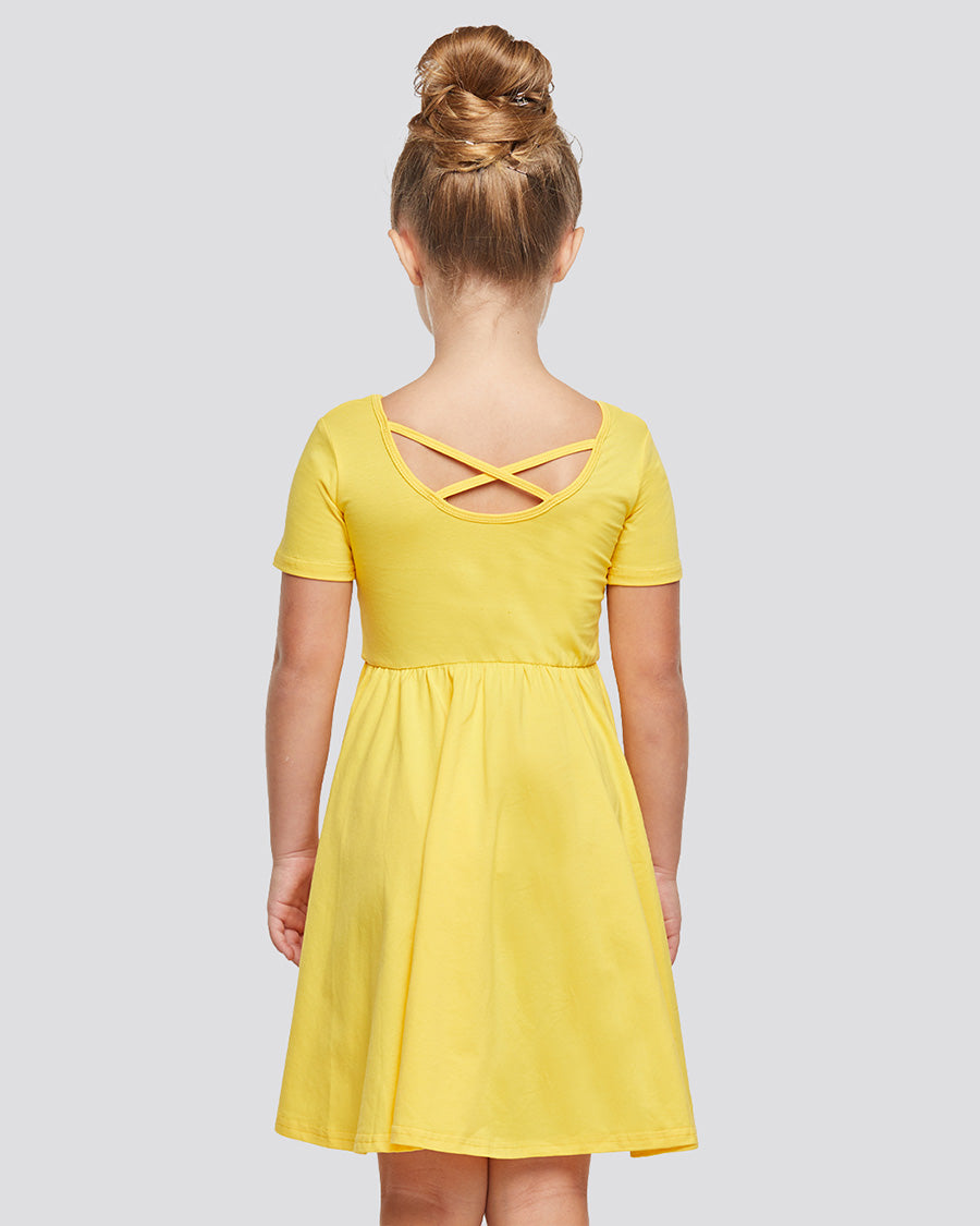 Girls Short Sleeve A-Line Twirly Dress in Yellow