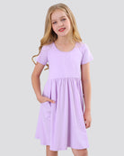 Girls Short Sleeve A-Line Twirly Dress with Pockets in Lavender