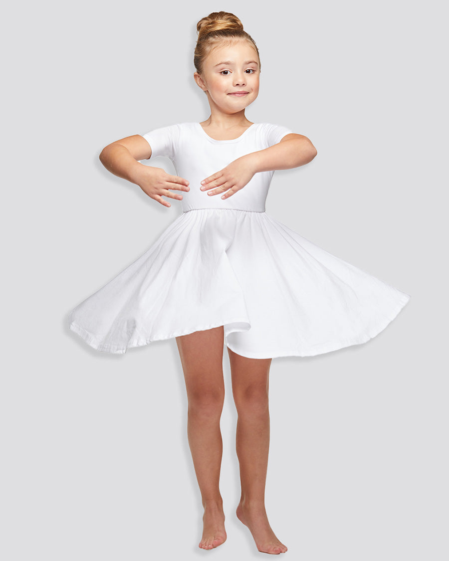 Girls Short Sleeve A-Line Twirly Dress in White