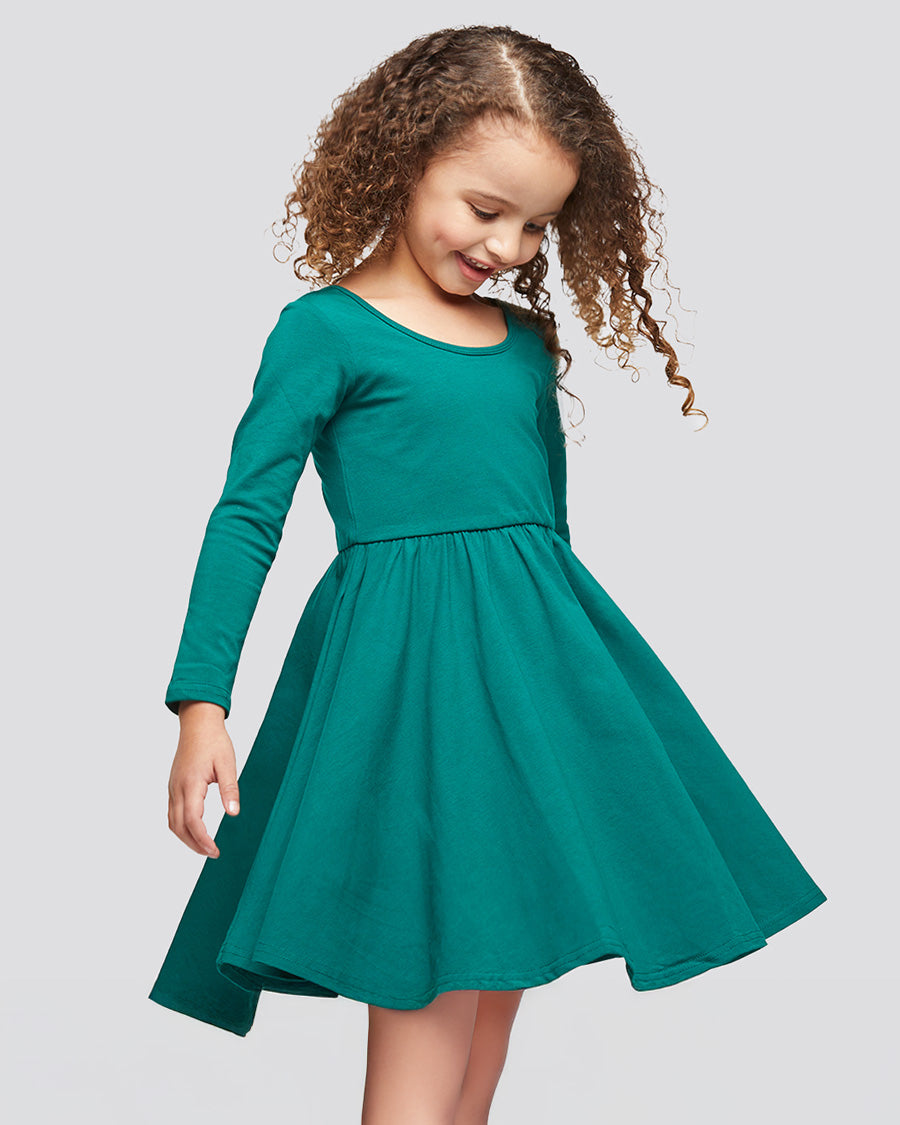 Girls Long Sleeve A-Line Twirly Dress in Green
