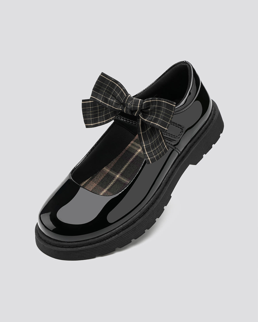Girls Glossy Black Mary Janes with Detachable Bows - View 2