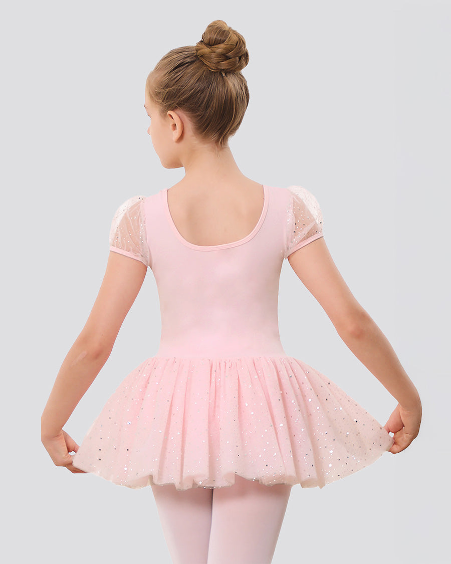 Ballet Pink Girls Sparkling Sweetheart Mesh Inserted Short Sleeves Tulle Dress