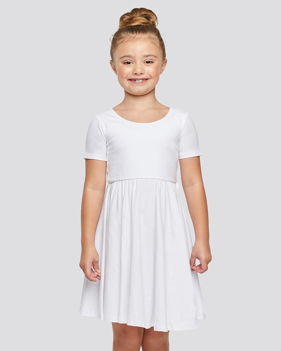 Girls Short Sleeve A-Line Twirly Dress in White