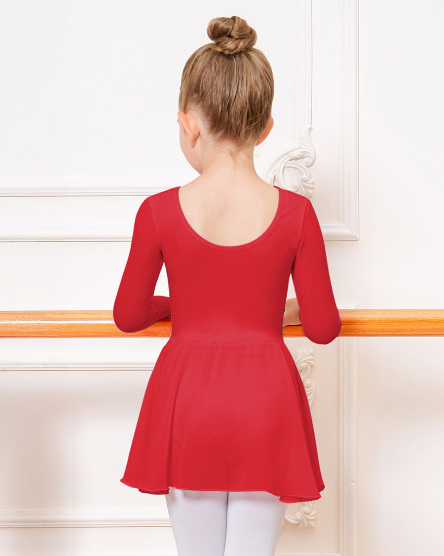 Girls Long Sleeve Ballet Leotards with Sheer Skirt in Red