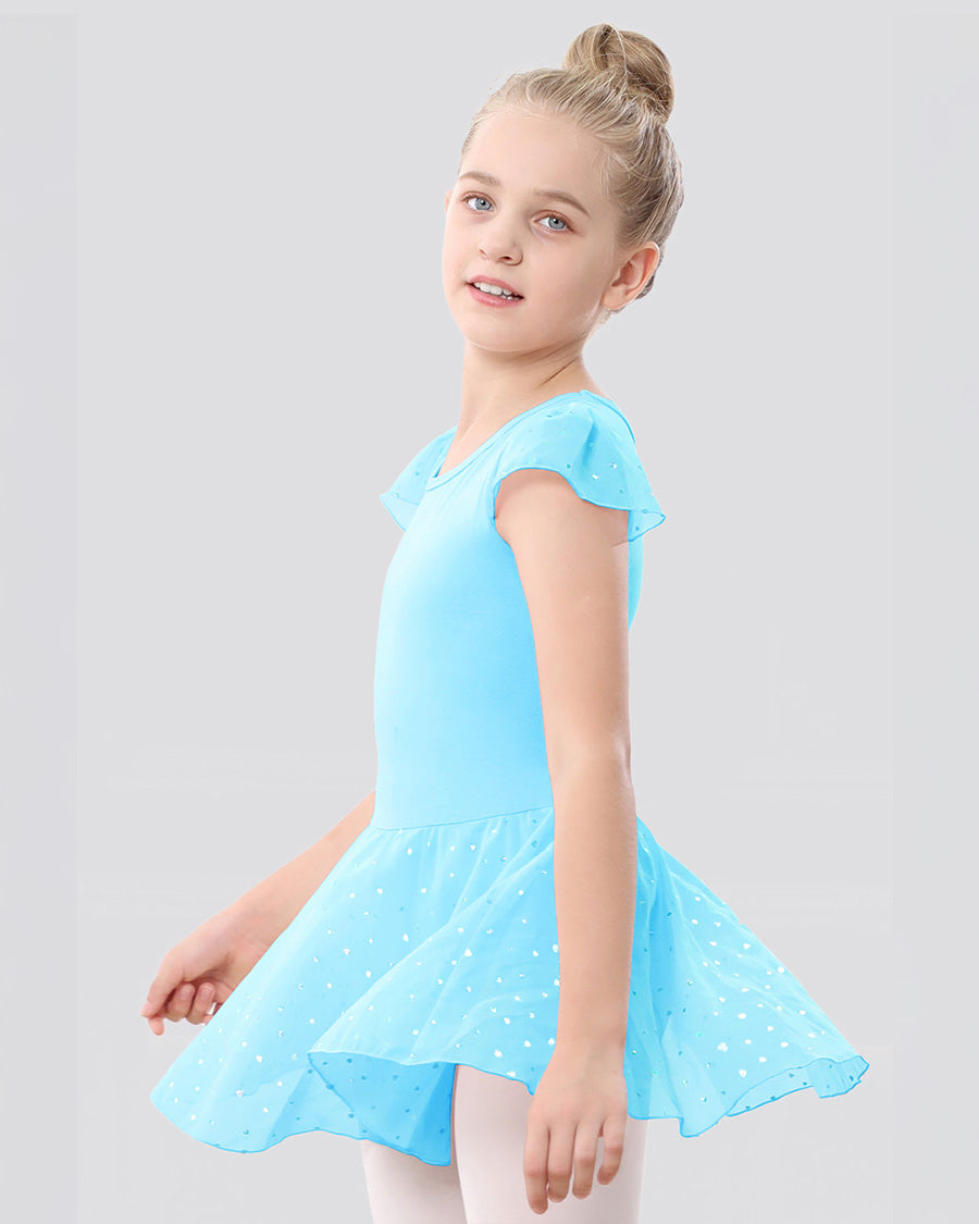 Girls Sparkling Flutter Sleeves Dress in Pool Blue