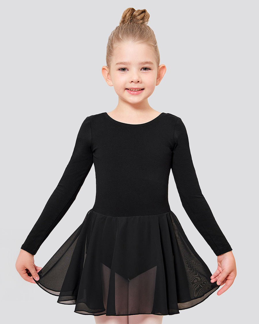 Black Girls Long Sleeve Ballet Leotards with Sheer Skirt