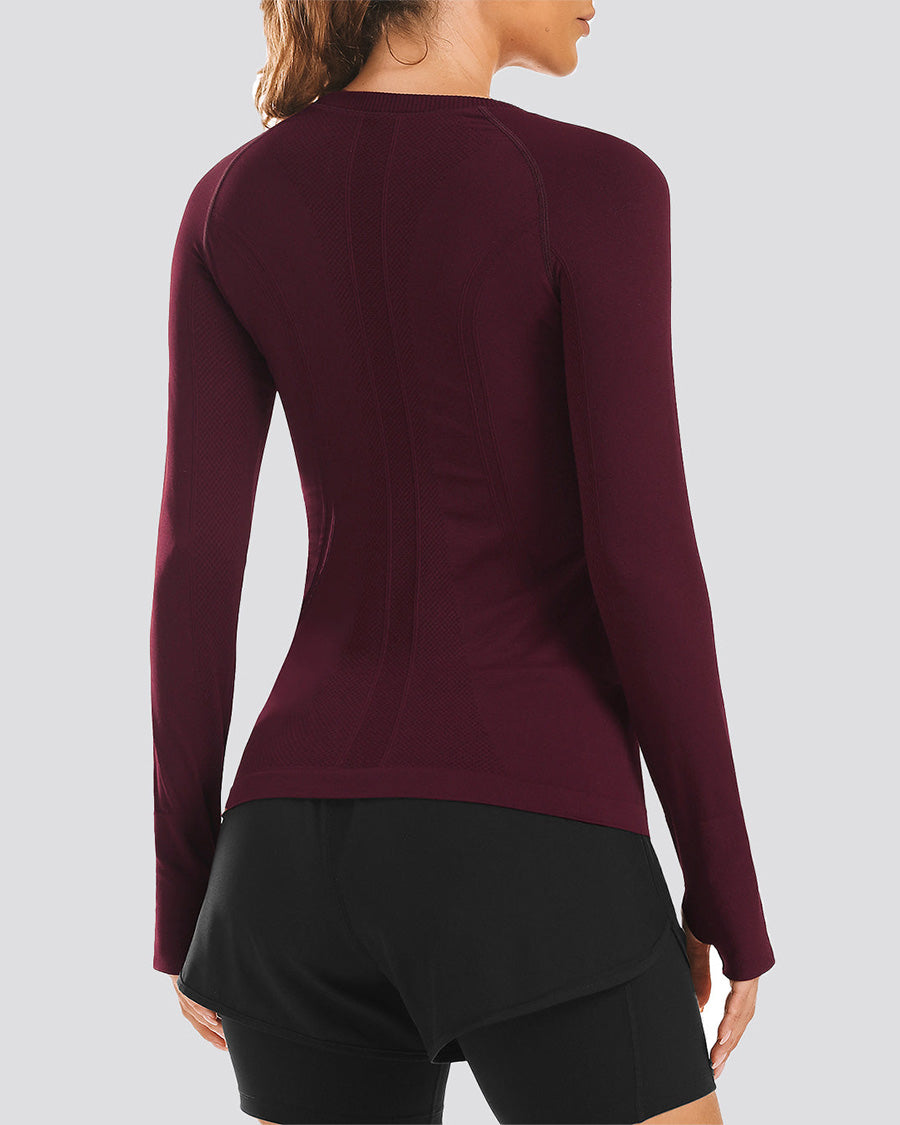 Burgundy Seamless Long Sleeve Tops (Thumb Hole)