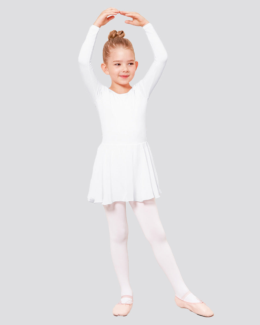 Girls Long Sleeve Ballet Leotards with Sheer Skirt in White