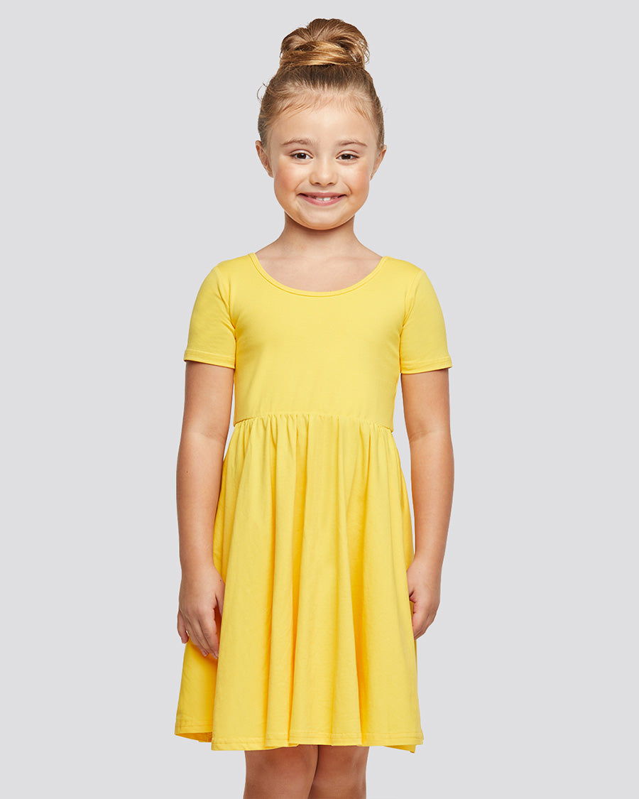 Girls Short Sleeve A-Line Twirly Dress in Yellow