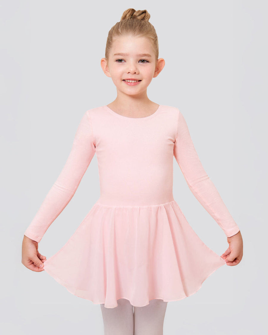 Ballet Pink Girls Long Sleeve Ballet Leotards with Sheer Skirt