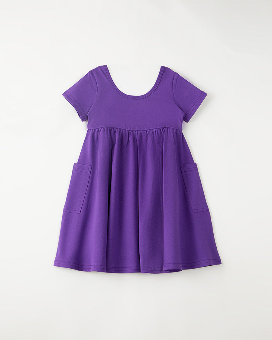 Girls Short Sleeve A-Line Twirly Dress with Pockets in Purple