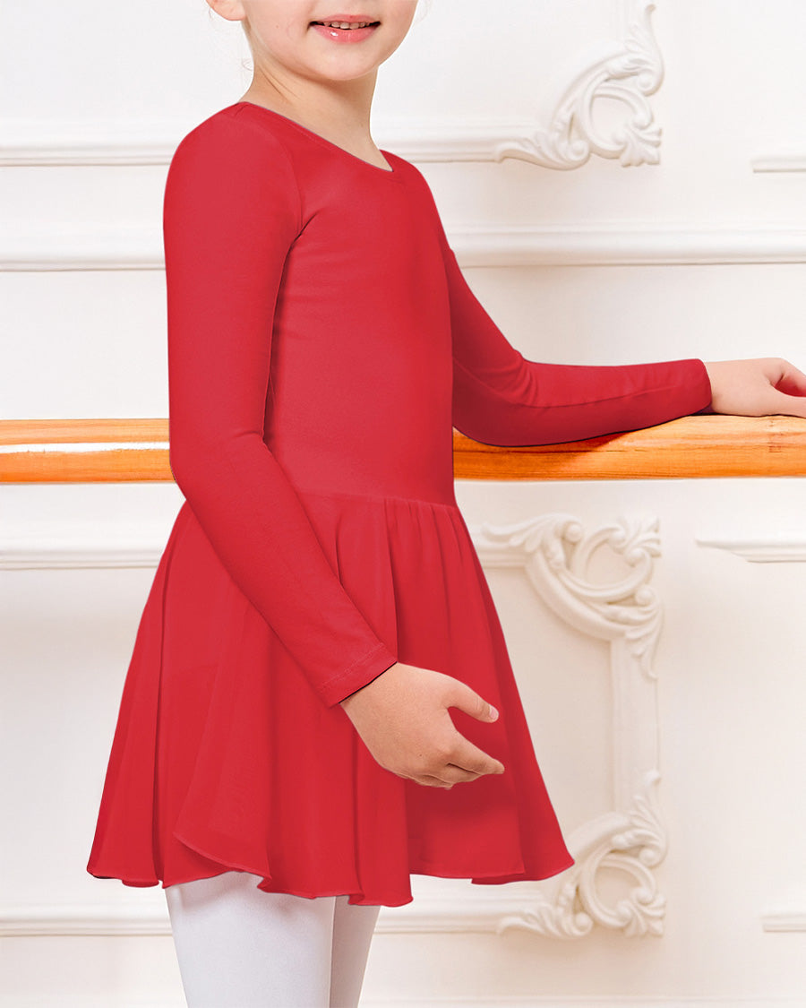 Girls Long Sleeve Ballet Leotards with Sheer Skirt in Red