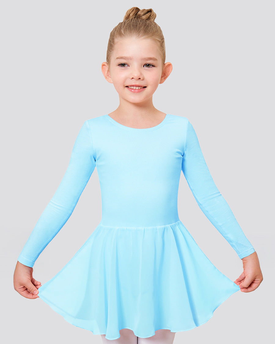 Girls Long Sleeve Ballet Leotards with Sheer Skirt in Pool Blue