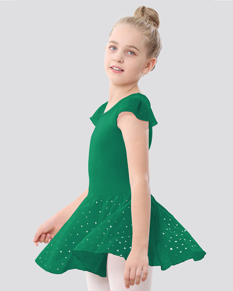 Girls Sparkling Flutter Sleeves Dress in Green