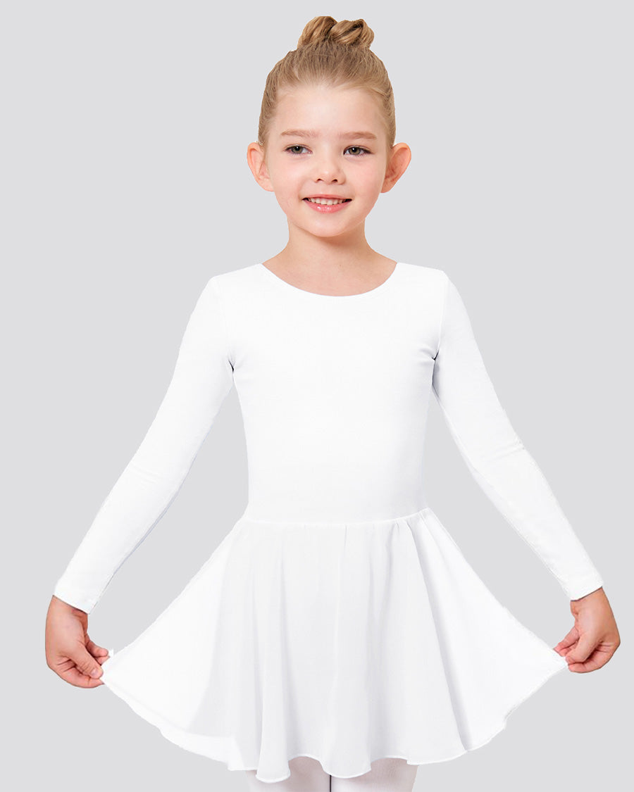 Girls Long Sleeve Ballet Leotards with Sheer Skirt in White