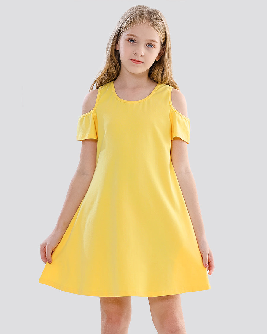 Yellow Girls Cold Shoulder Tunic A-Line Twirly Dress