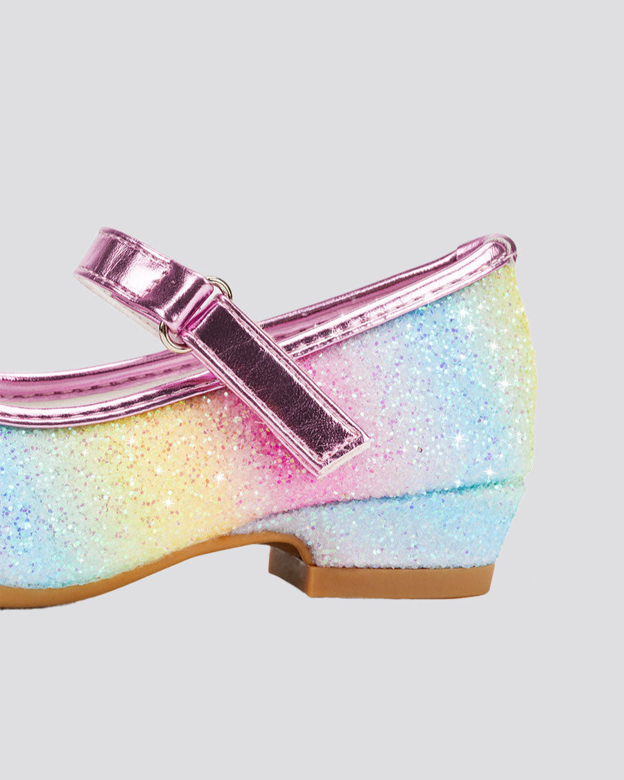 Rainbow Girls Glitter Mary Jane Low Heel Shoes