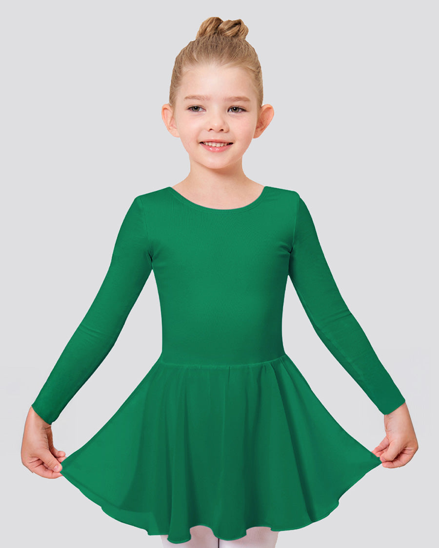 Girls Long Sleeve Ballet Leotards with Sheer Skirt in Green