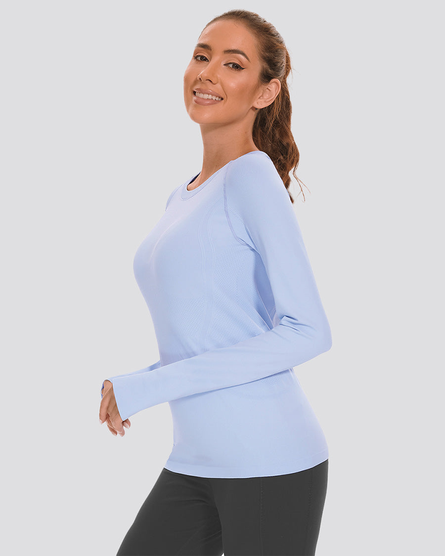 Blue Seamless Long Sleeve Tops (Thumb Hole)