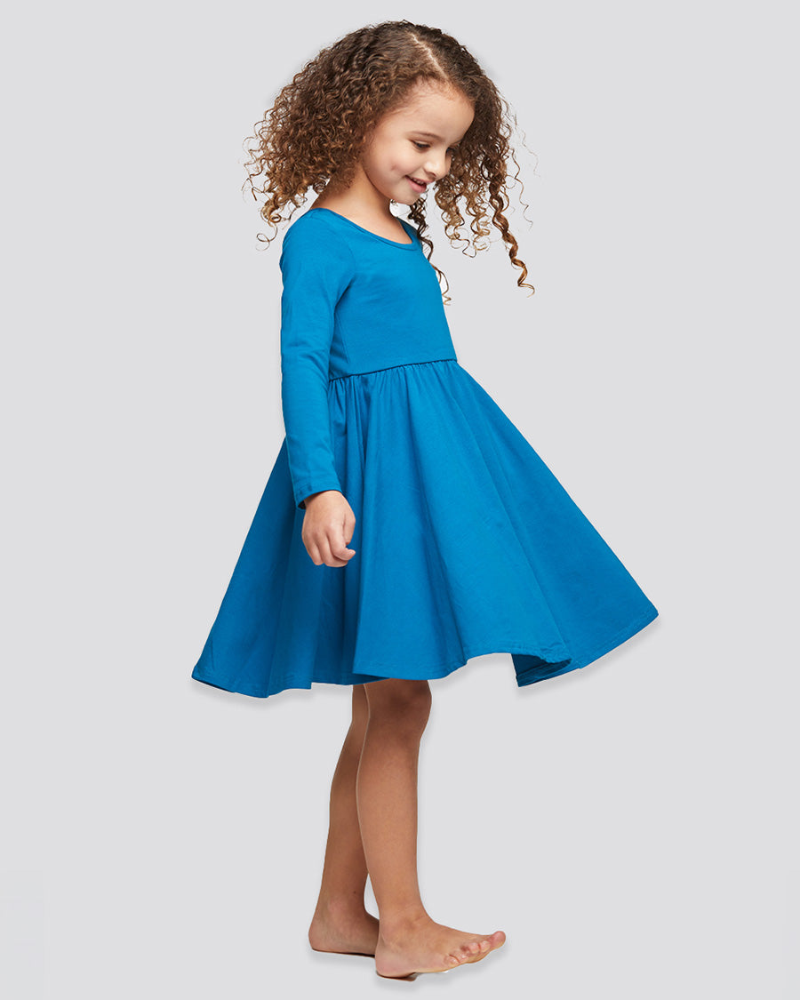 Girls Long Sleeve A-Line Twirly Dress in Cyan Blue