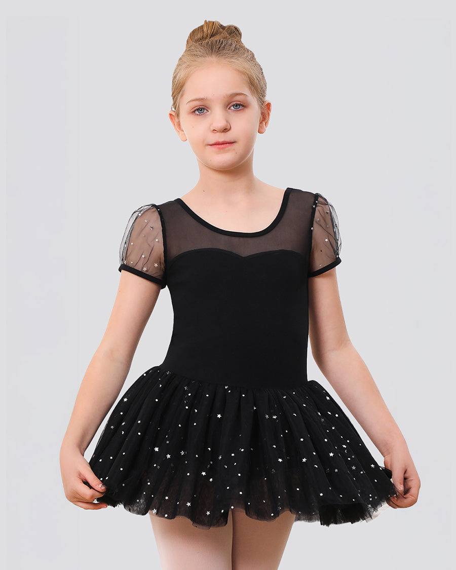 Black Girls Sparkling Sweetheart Mesh Inserted Short Sleeves Tulle Dress