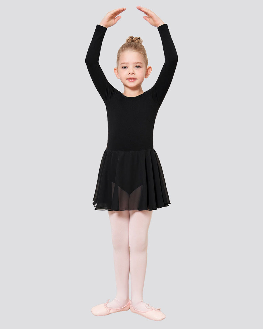 Black Girls Long Sleeve Ballet Leotards with Sheer Skirt