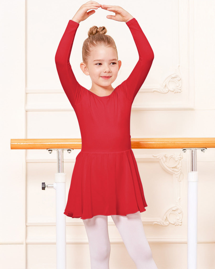 Girls Long Sleeve Ballet Leotards with Sheer Skirt in Red
