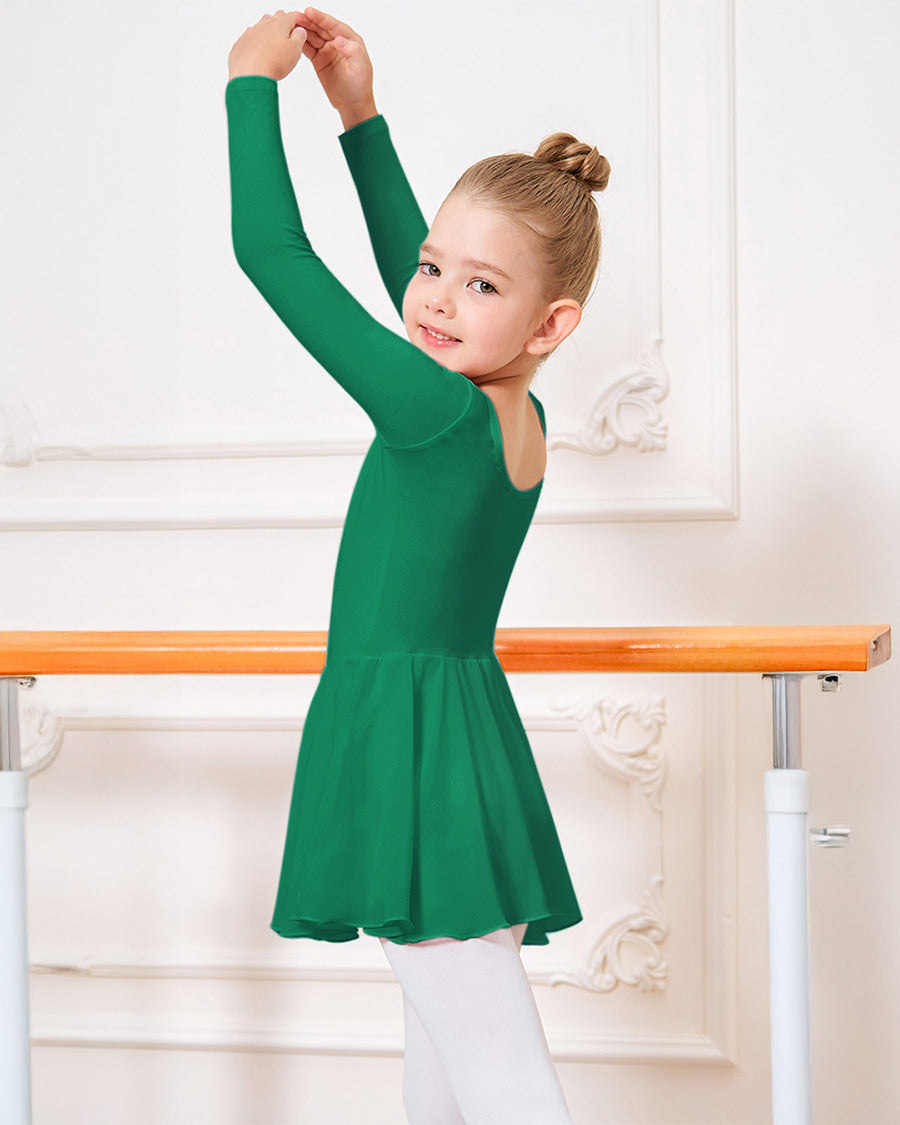 Girls Long Sleeve Ballet Leotards with Sheer Skirt in Green