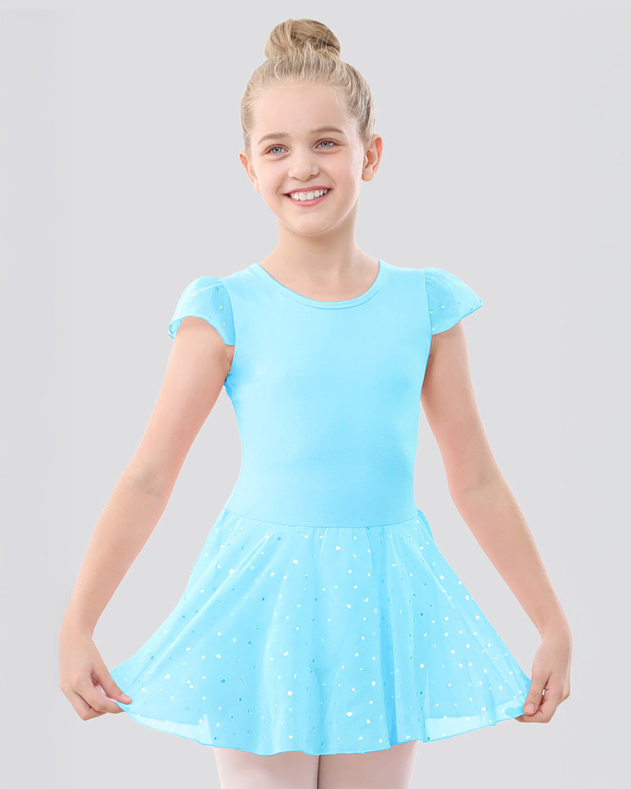 Girls Sparkling Flutter Sleeves Dress in Pool Blue