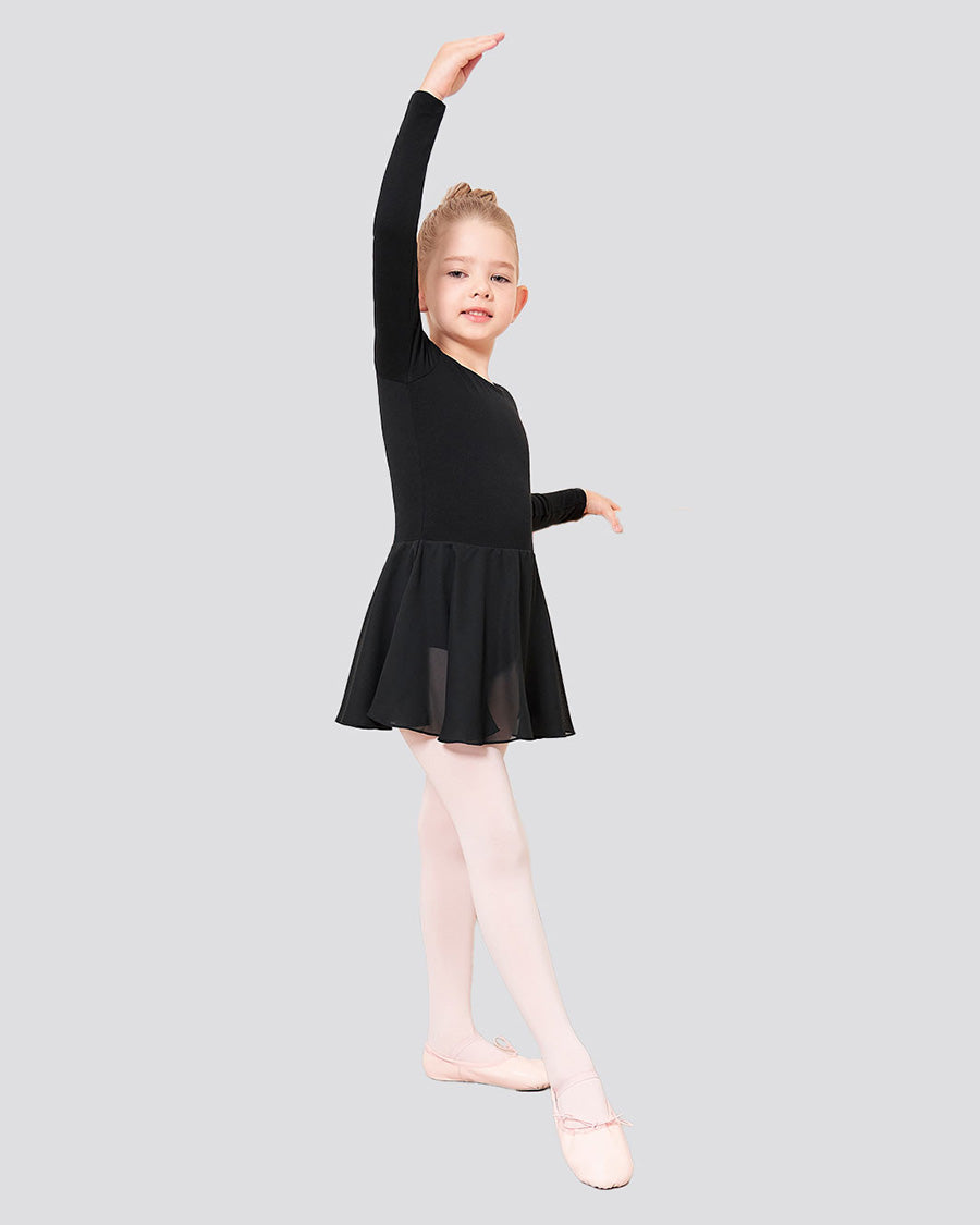 Black Girls Long Sleeve Ballet Leotards with Sheer Skirt