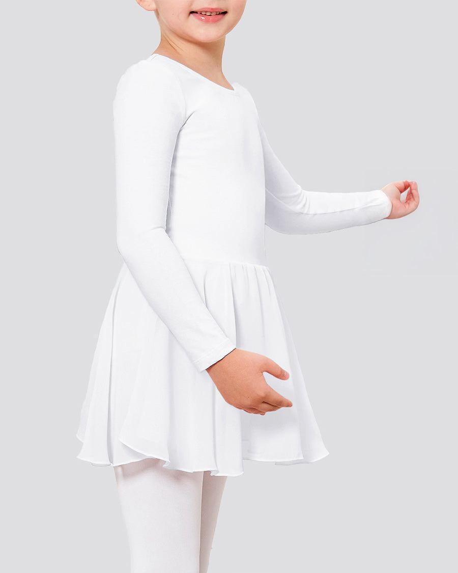 Girls Long Sleeve Ballet Leotards with Sheer Skirt in White