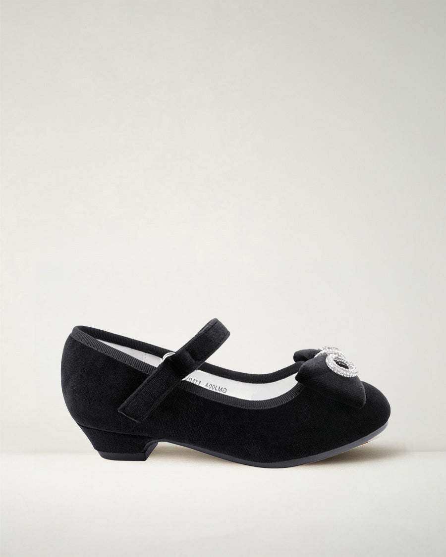 Black Girls Classic Mary Jane Shoes | Velvet Heels with Crystal Bows