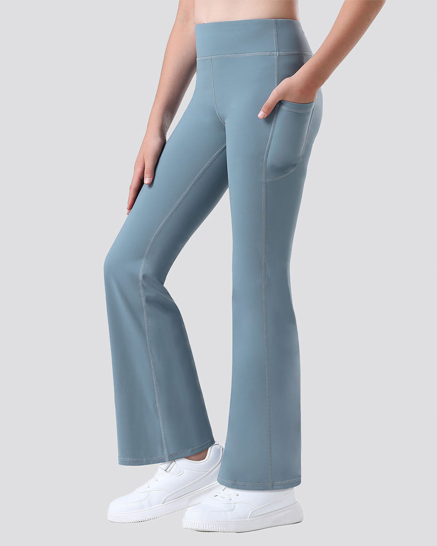 Grey Blue Girls Flare Leggings with 2 Pockets