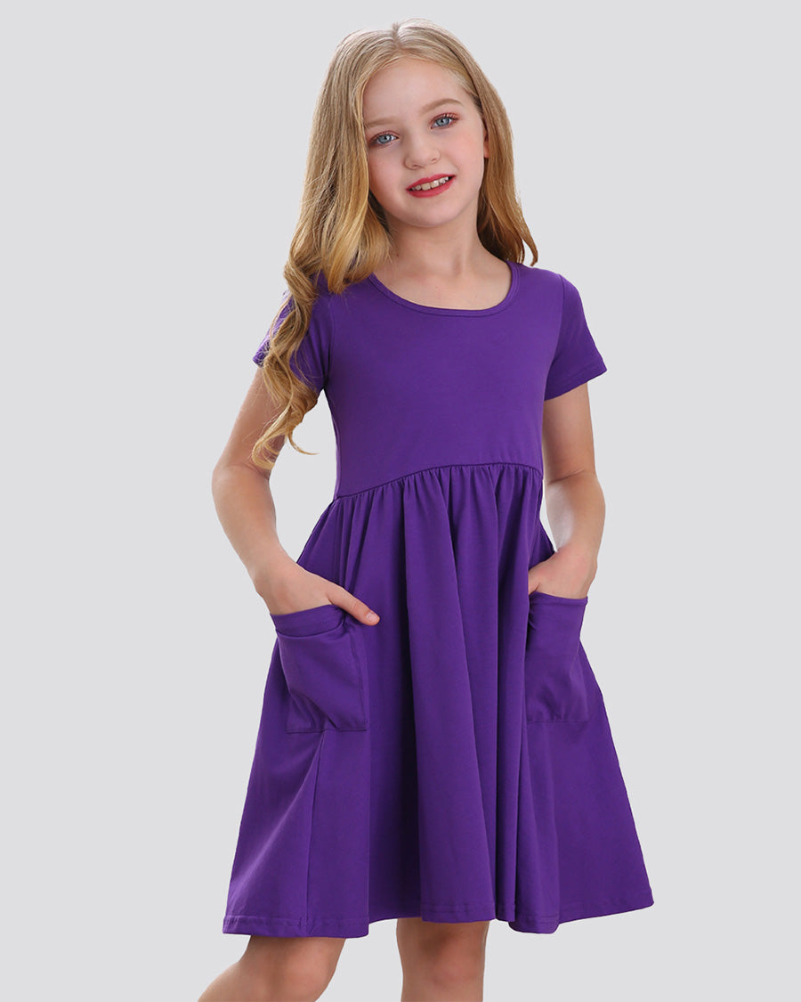 Girls Short Sleeve A-Line Twirly Dress with Pockets in Purple
